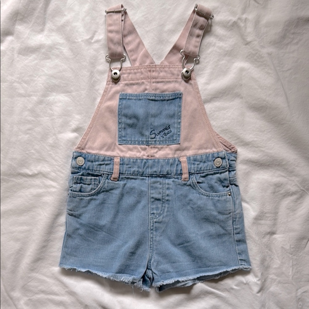 Zara toddler girl pink blue denim overall shorts, size 2-3 years